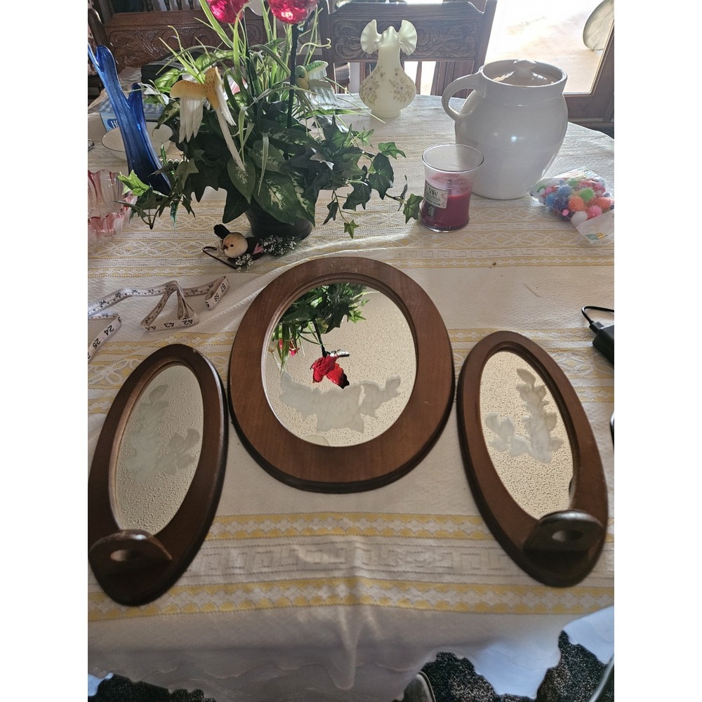Set Of 1 15" Oval Mirror 2 12" Oval Mirror Candleholders Vintage